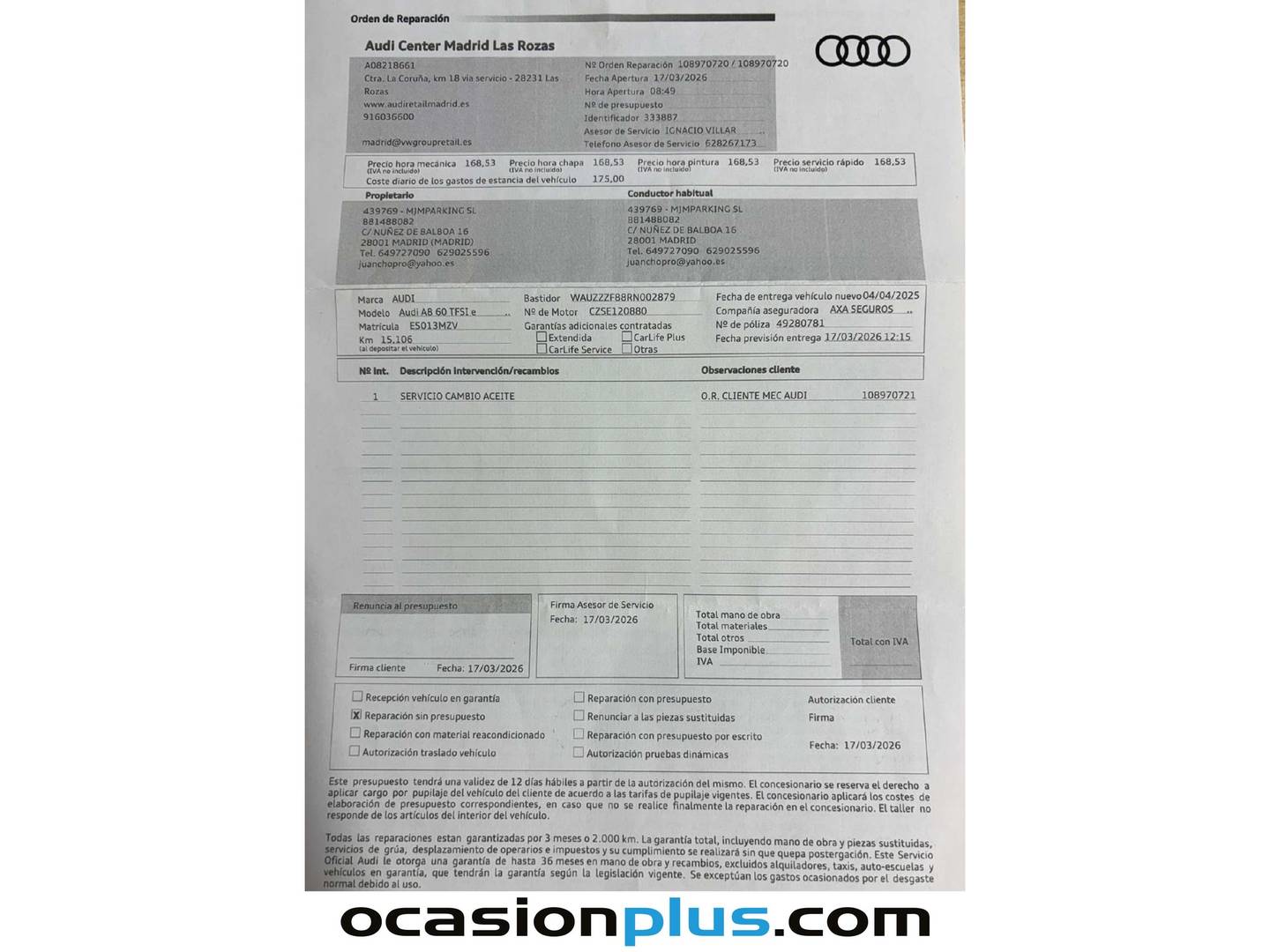 Foto del mantenimiento del Audi A8 Audi A8 L TFSIe 60 TFSIe quattro (462 CV) tiptronic