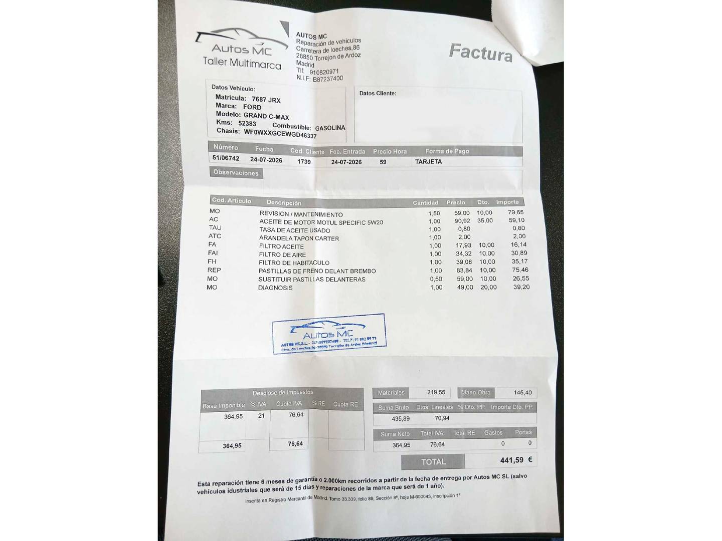 Foto del mantenimiento del Ford Grand C-Max Ford Grand C-Max 1.0 EcoBoost Trend+ (125 CV)