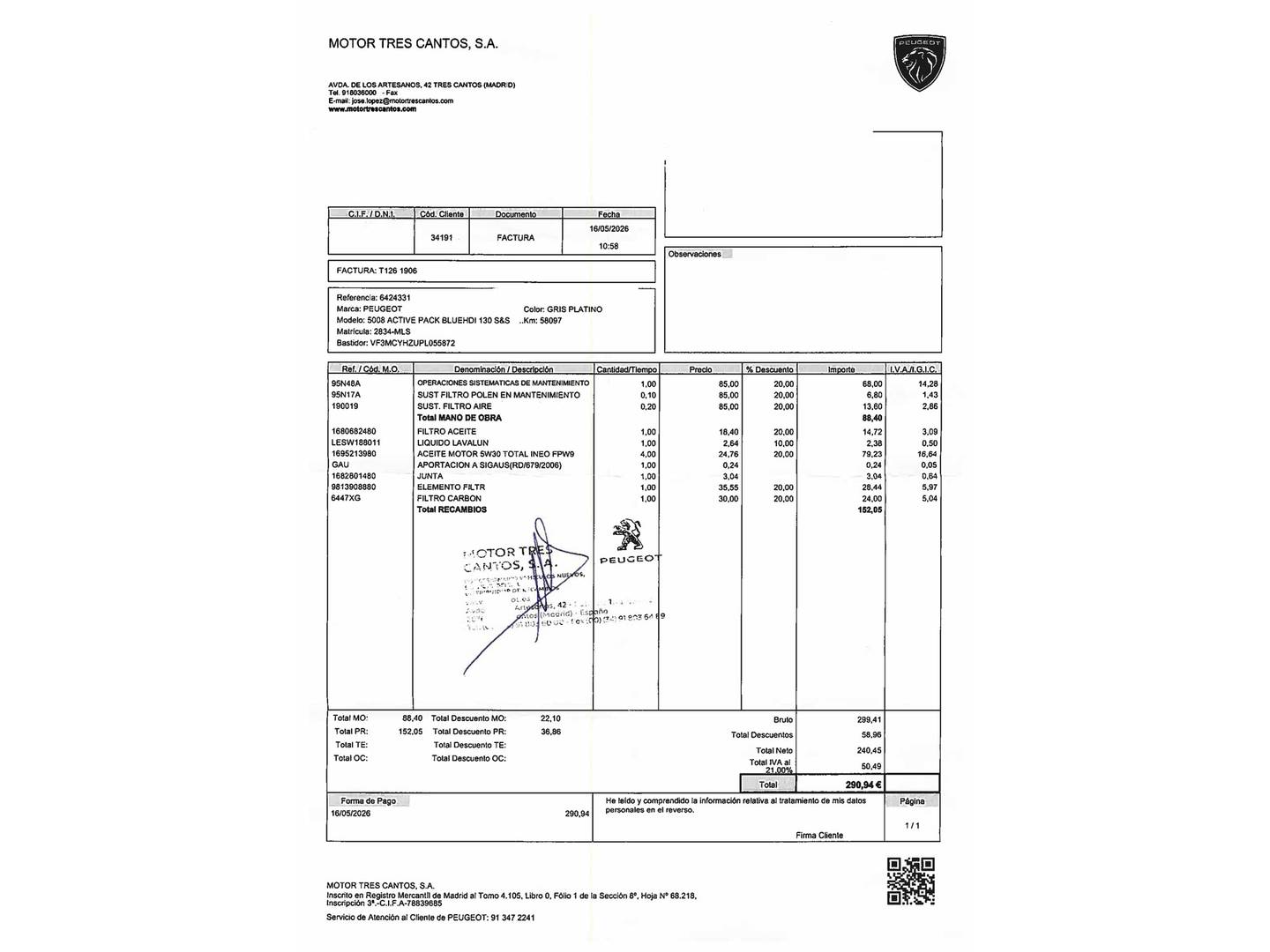 Foto del mantenimiento del Peugeot 5008 Peugeot 5008 5008 BlueHDI 130 S&S Active Pack EAT8 (130 CV)