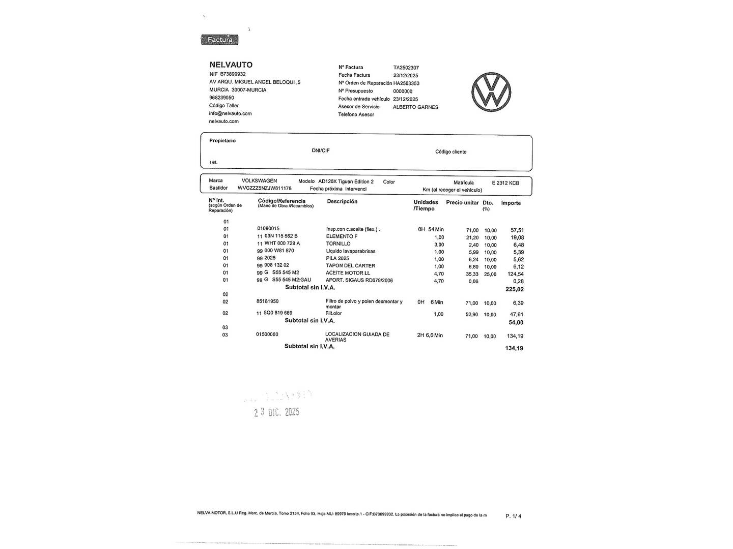 Foto del mantenimiento del Volkswagen Tiguan Volkswagen Tiguan Edition 2.0 TDI (115 CV)
