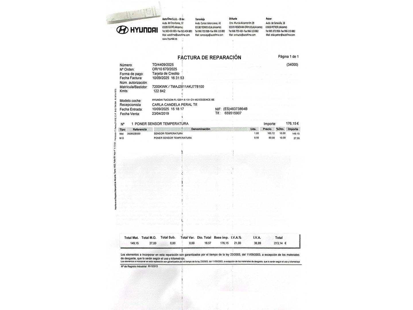 Foto del mantenimiento del Hyundai Tucson Hyundai Tucson 1.6 GDI BlueDrive Essence 4x2 (132 CV)