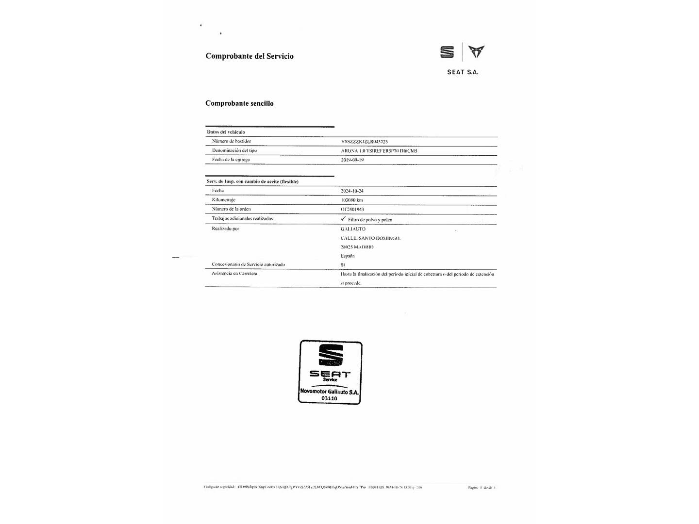 Foto del mantenimiento del Seat Arona SEAT Arona 1.0 TSI Reference Edition S&S (95 CV)