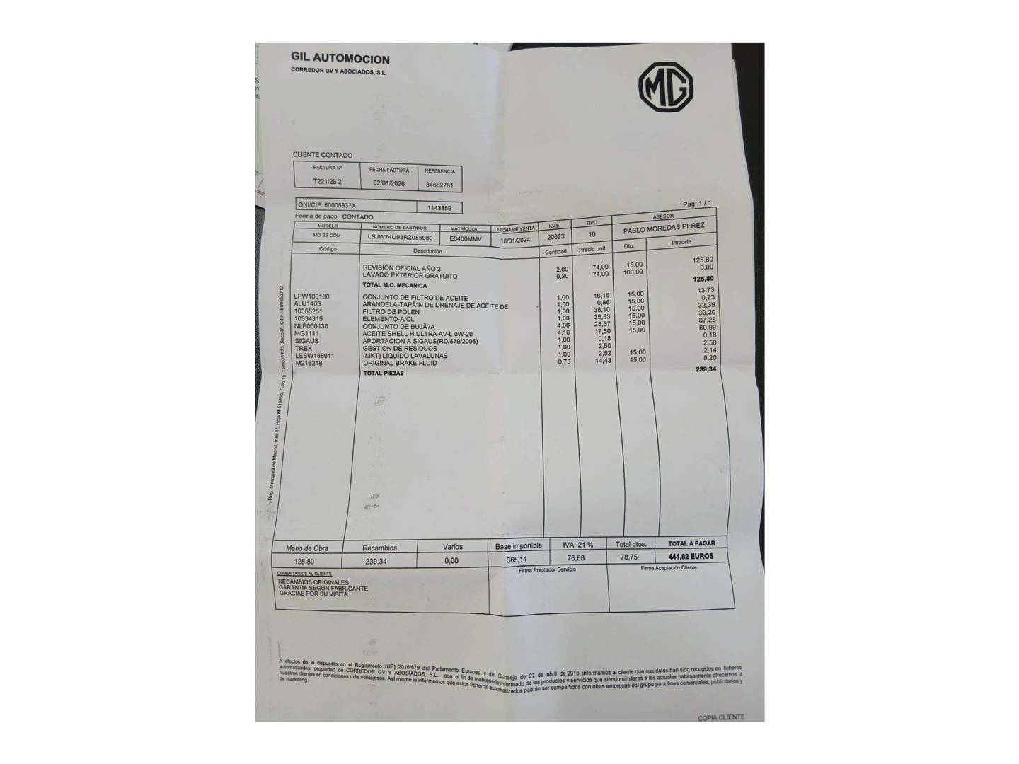 Foto del mantenimiento del MG ZS MG ZS 1.5 Comfort (106 CV)