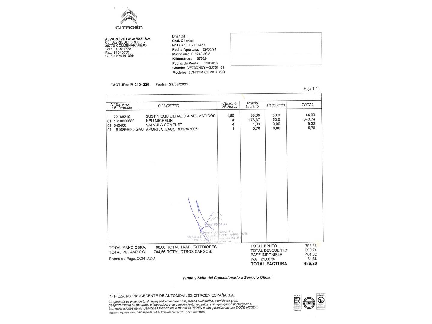 Foto del mantenimiento del Citroën C4 Picasso Citroën C4 Picasso PureTech 130 S&S Feel (130 CV)