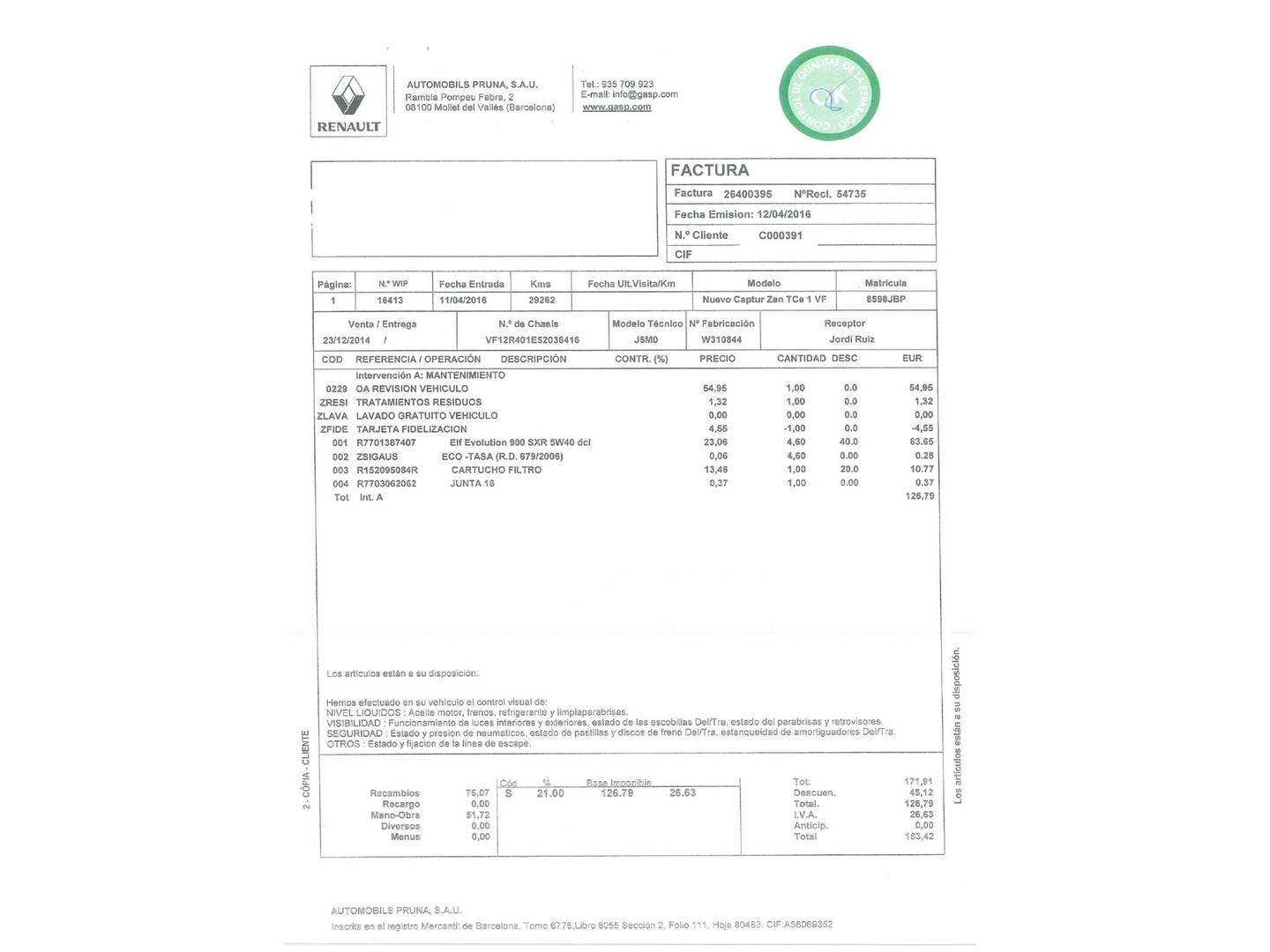 Foto del mantenimiento del Renault Captur Renault Captur Zen Energy TCe (120 CV) EDC