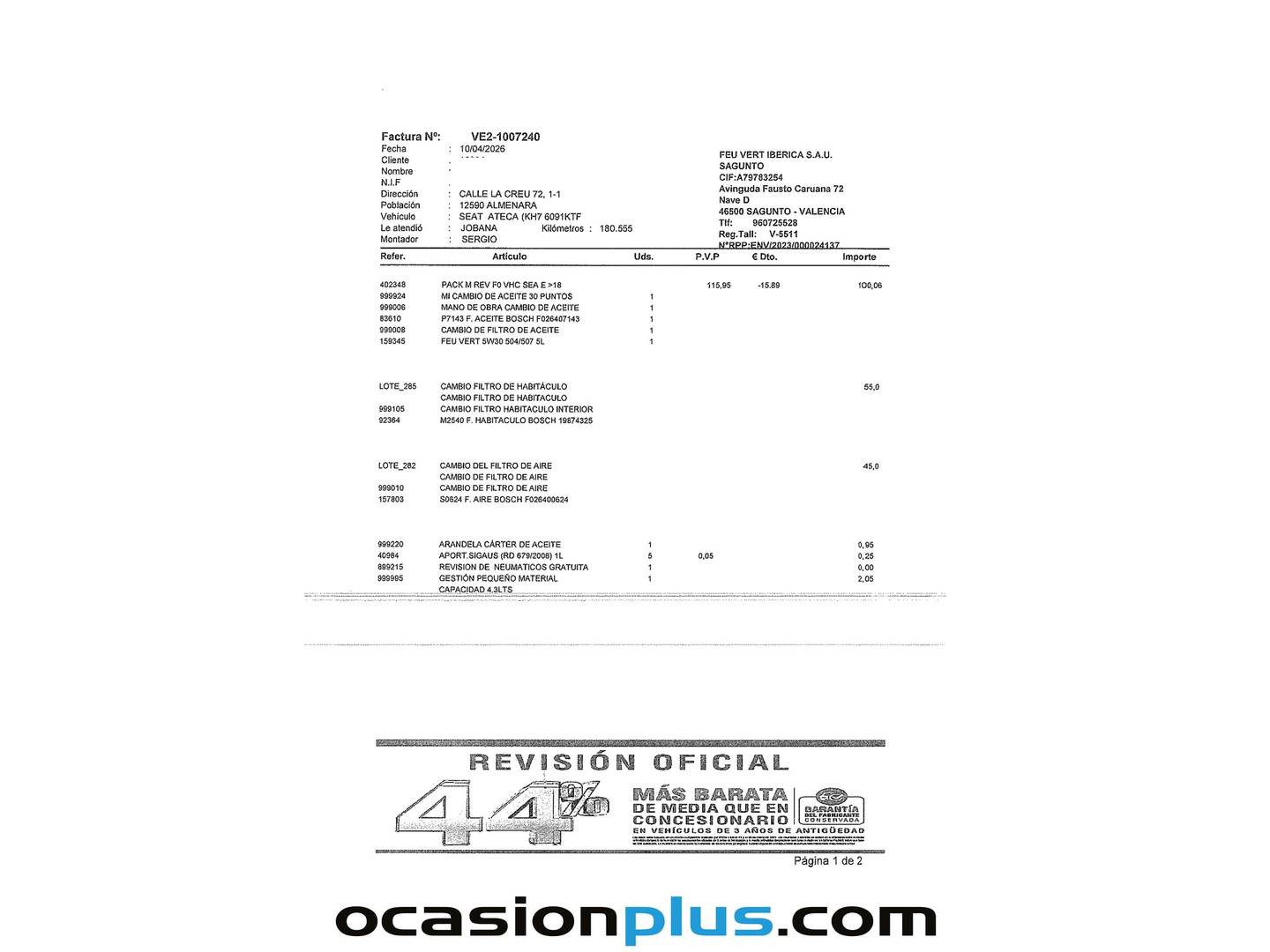 Foto del mantenimiento del Seat Ateca Seat Ateca 1.5 TSI S&S Style Plus Nav (150 CV)
