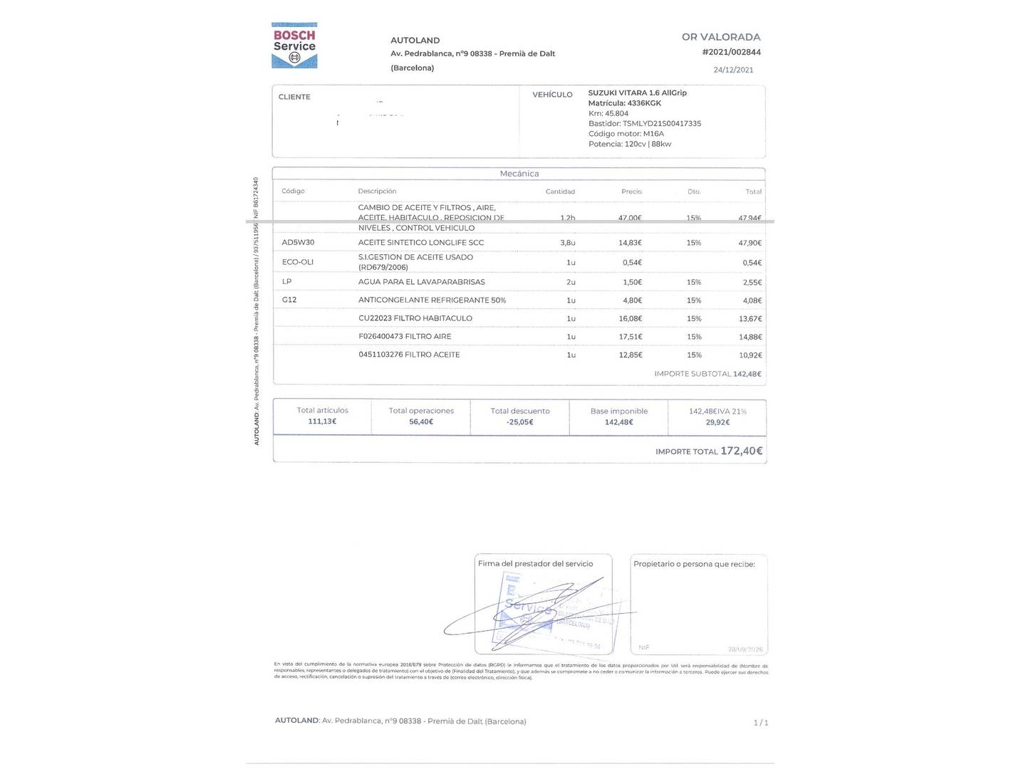 Foto del certificado del Suzuki Vitara Suzuki Vitara 1.6 VVT GLX (120 CV)