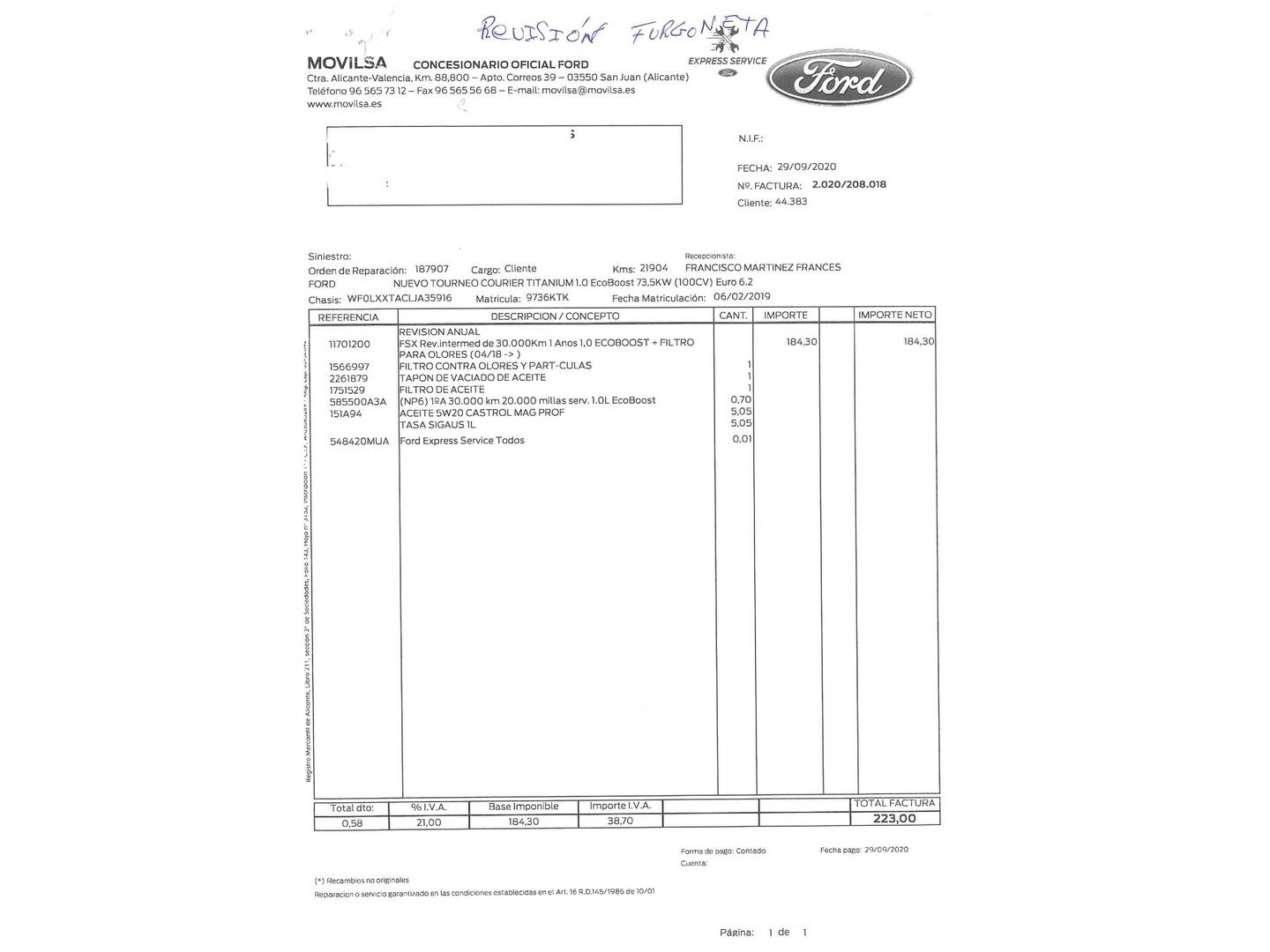Foto del mantenimiento del Ford Tourneo Courier Ford Tourneo Courier 1.0 EcoBoost Titanium (100 CV)