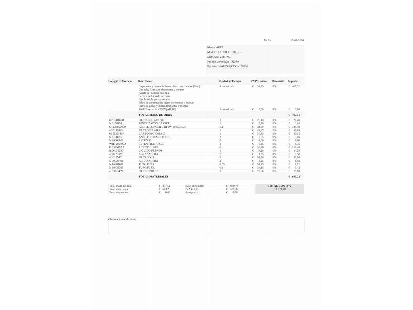 Foto del mantenimiento del Audi A7 Audi A7 Sportback 3.0 TDI quattro (272 CV) S tronic