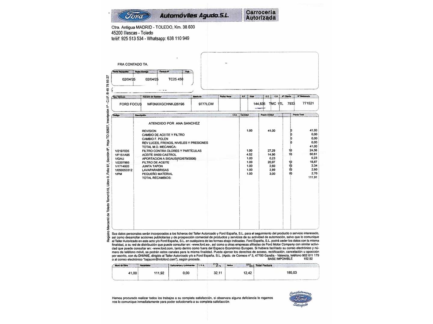 Foto del mantenimiento del Ford Focus Ford Focus 1.0 Ecoboost ST-Line (125 CV)