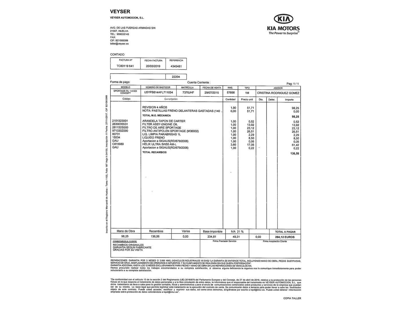 Foto del mantenimiento del KIA Sportage KIA Sportage 1.6 GDI Concept 4x2 (135 CV)