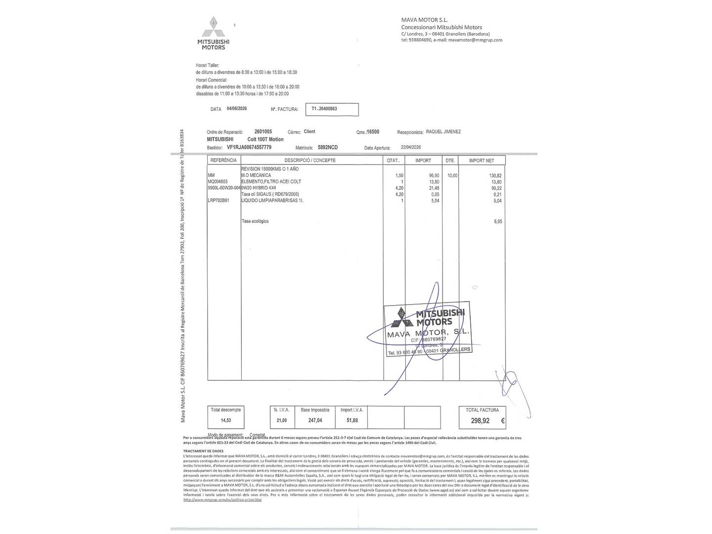 Foto del certificado del Mitsubishi Colt Mitsubishi Colt 100T Motion (90 CV)