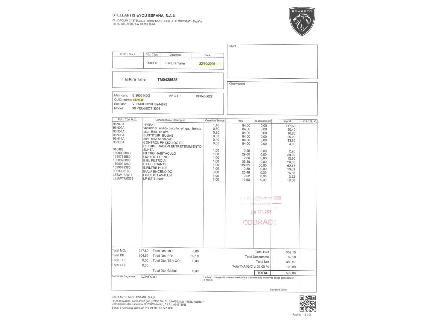 Foto del mantenimiento del Peugeot 3008 Peugeot 3008 PureTech 130 S&S GT Line (130 CV)