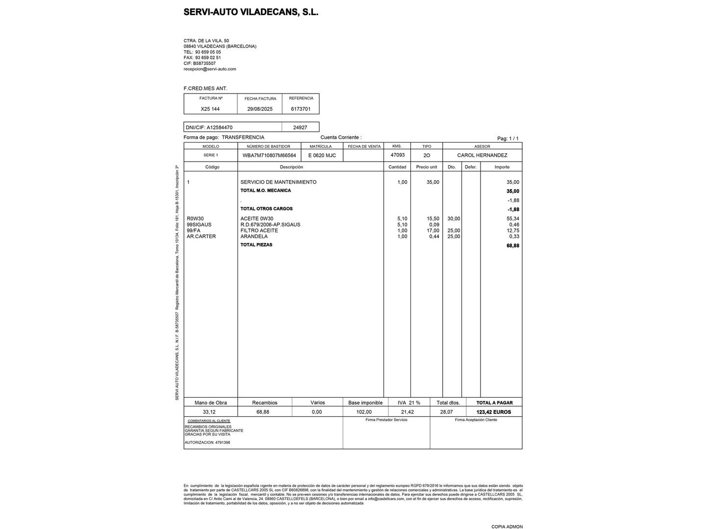 Foto del mantenimiento del BMW Serie 1 BMW Serie 1 116d (116 CV)