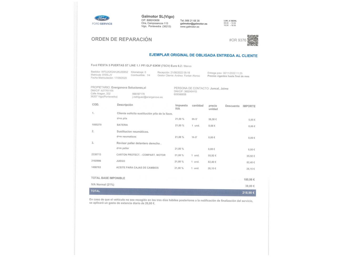 Foto del certificado del Ford Fiesta Ford Fiesta 1.1 PFI GLP ST-Line (75 CV)