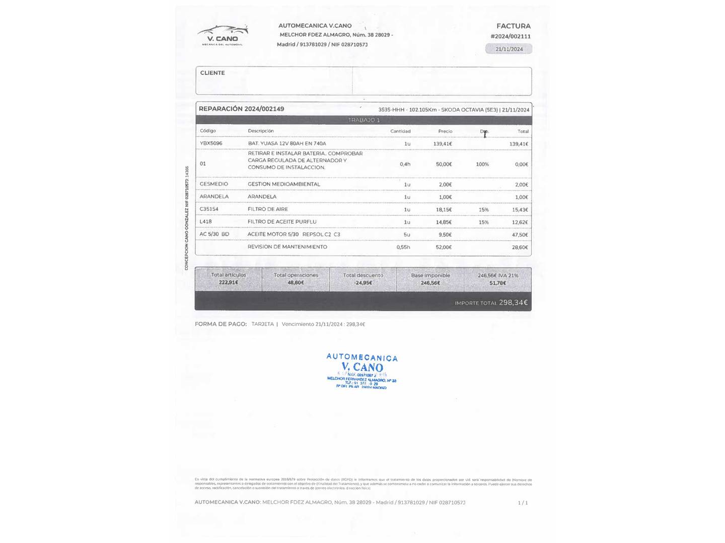 Foto del mantenimiento del Skoda Octavia Skoda Octavia 1.6 TDI CR Ambition DSG (105 CV)