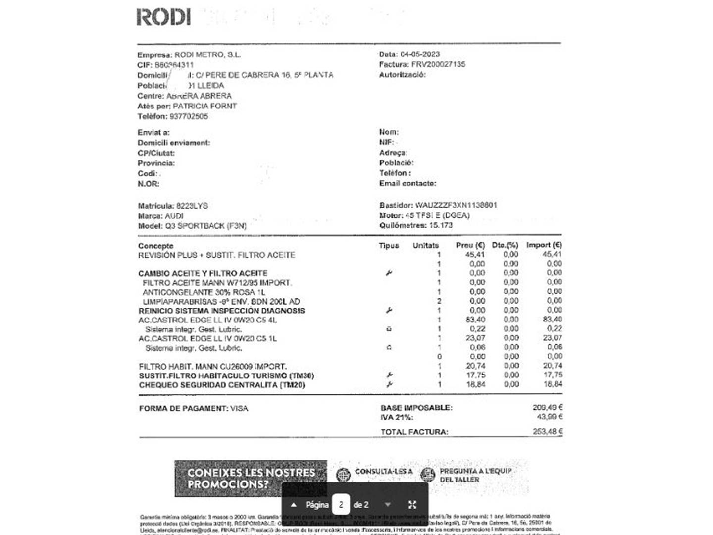 Foto del mantenimiento del Audi Q3 Sportback Audi Q3 Sportback TFSIe TFSIe S line 45 TFSI e (245 CV) S tronic