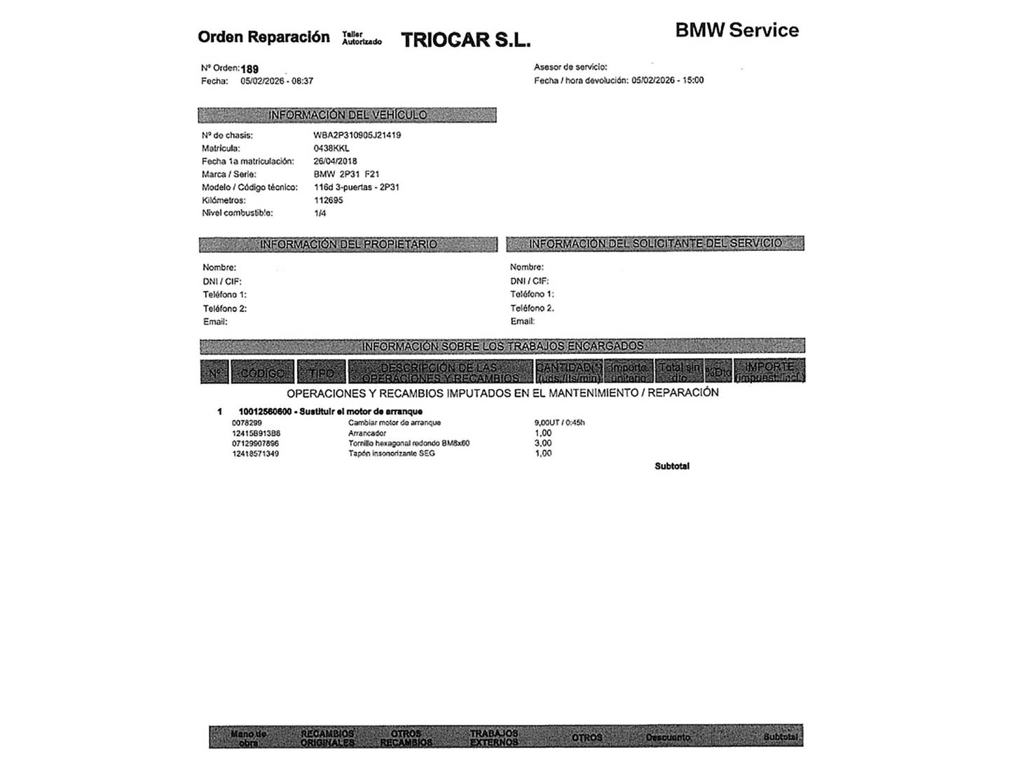 Foto del mantenimiento del BMW Serie 1 BMW Serie 1 116d (116 CV) Pack M