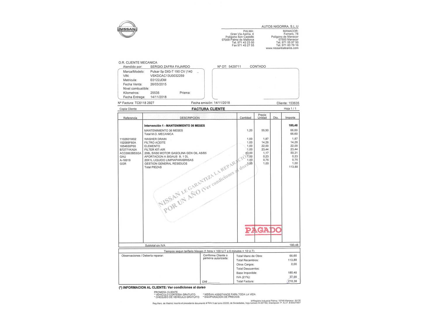 Foto del mantenimiento del Nissan PULSAR Nissan Pulsar DIG-T 190 Tekna (190 CV)