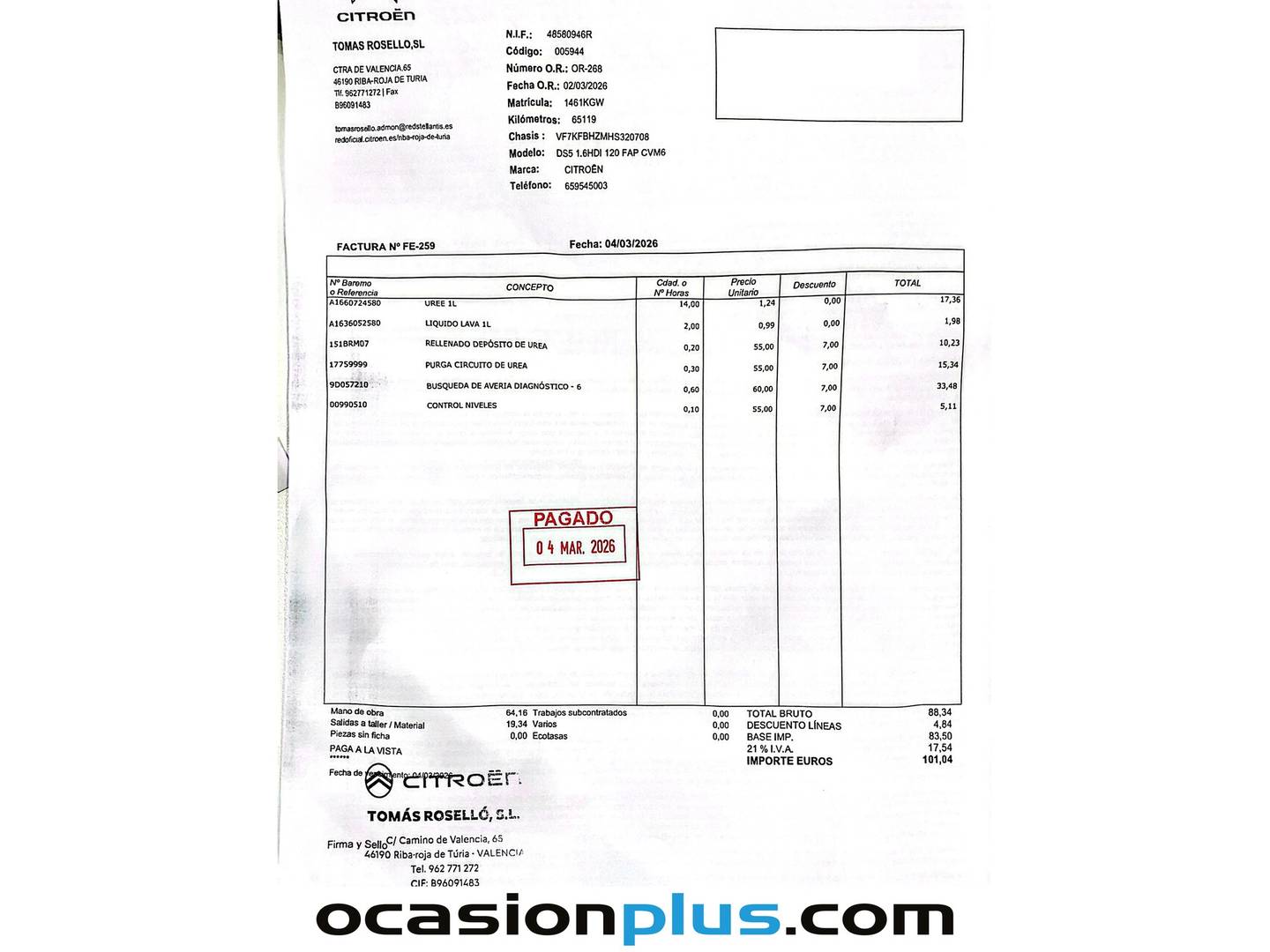 Foto del mantenimiento del DS DS 5 DS DS5 BlueHdi 120 Style (120 CV)