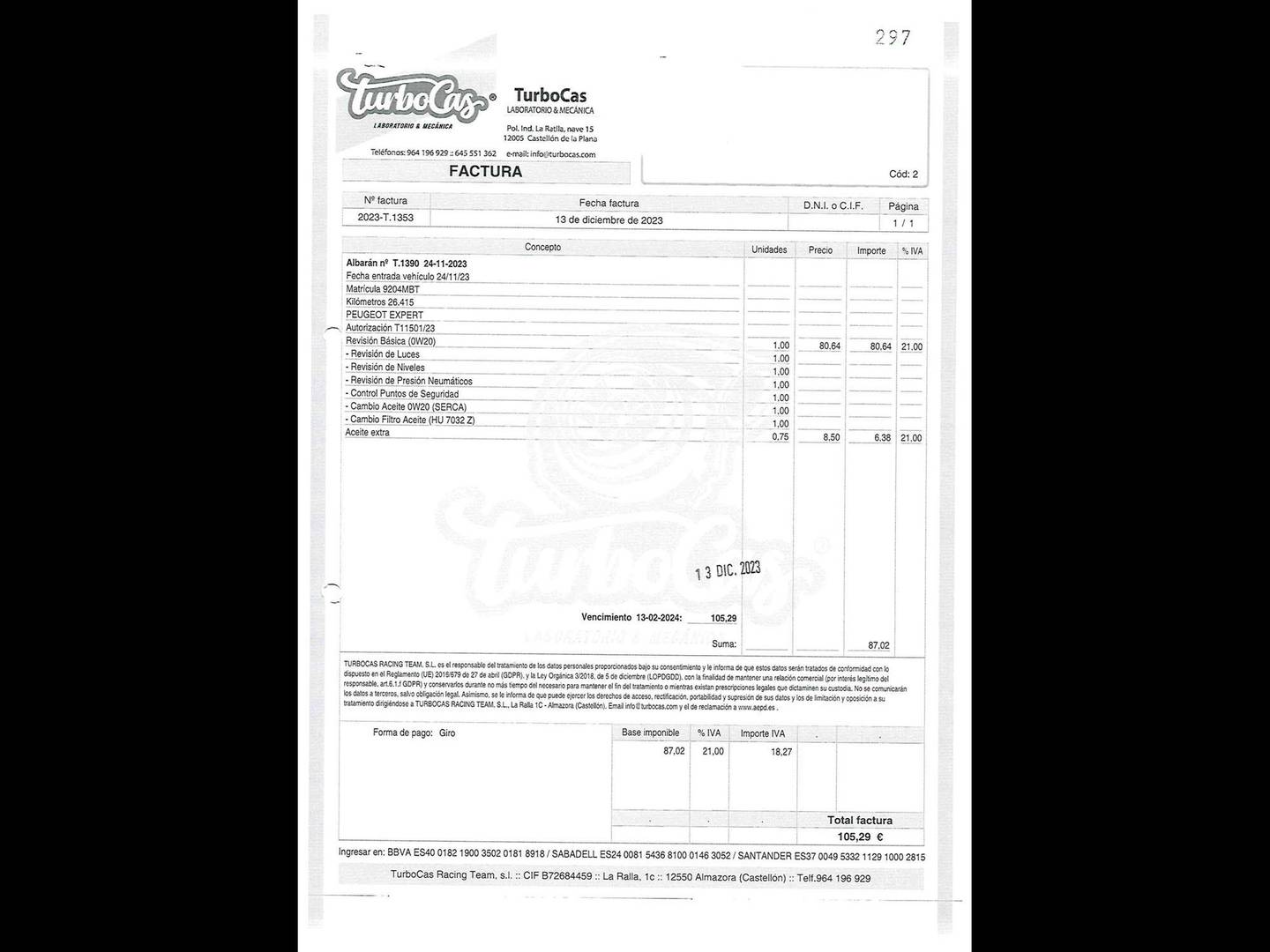 Foto del mantenimiento del Peugeot Expert Peugeot Expert Furgon BlueHDi 120 S&S Pro Standard (122 CV)
