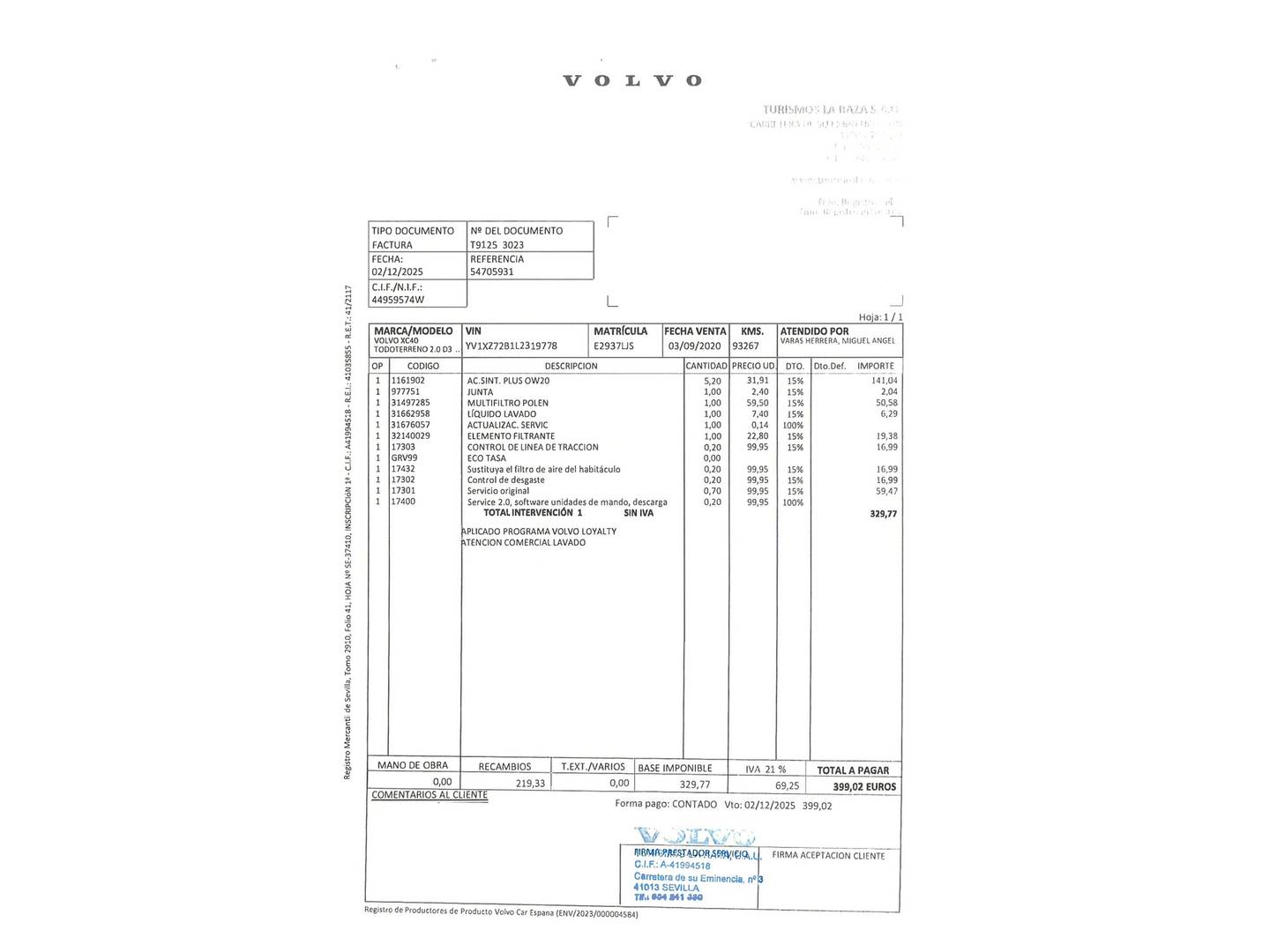 Foto del mantenimiento del Volvo XC40 Volvo XC40 D3 (150 CV)