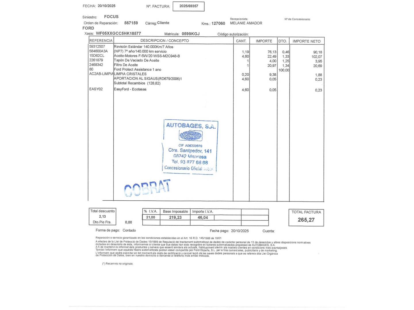Foto del mantenimiento del Ford Focus Ford Focus 1.0 Ecoboost S&S ST-Line (125 CV)