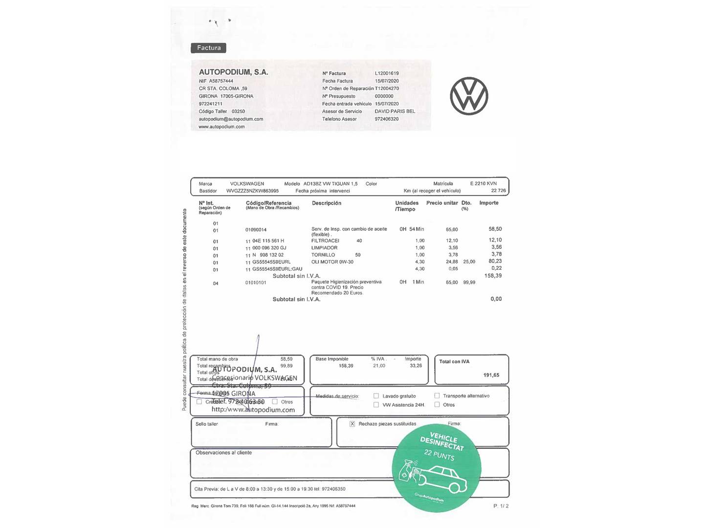 Foto del mantenimiento del Volkswagen Tiguan Volkswagen Tiguan Advance 1.5 TSI (150 CV) DSG