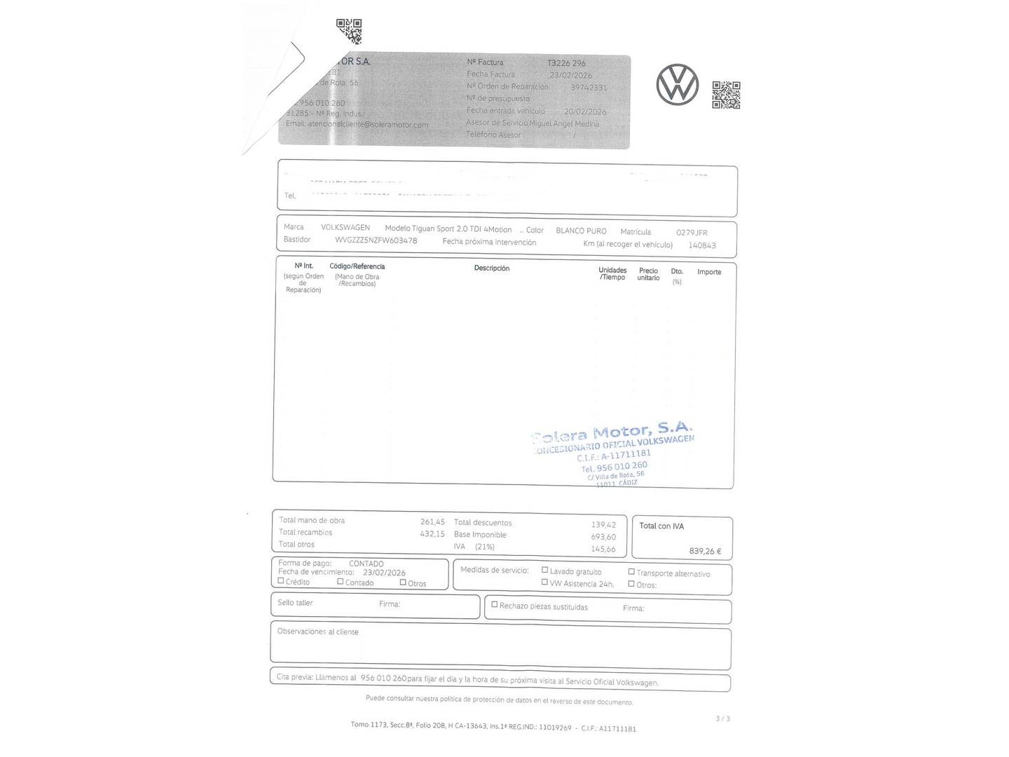 Foto del mantenimiento del Volkswagen Tiguan Volkswagen Tiguan Sport 2.0 TDI BMT 4Motion 103 kW (140 CV) DSG