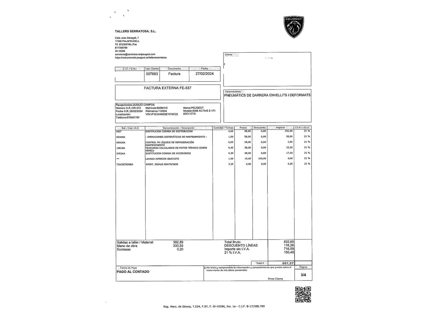 Foto del mantenimiento del Peugeot 2008 Peugeot 2008 VTI 82 Active ETG5 (82 CV)