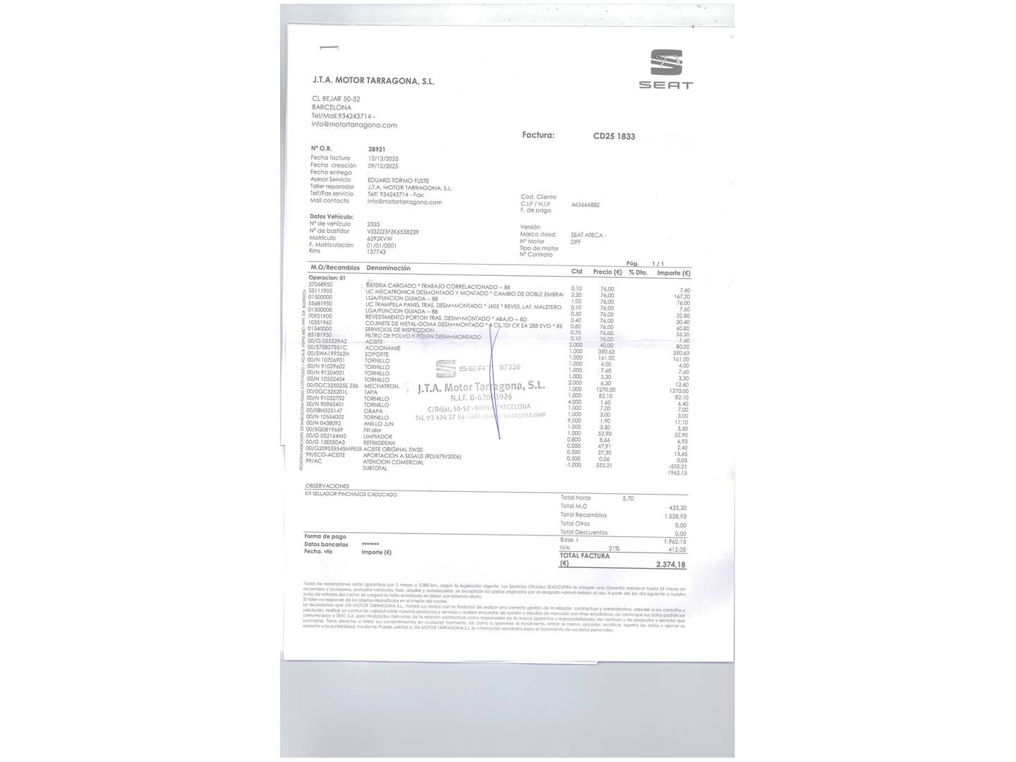 Foto del mantenimiento del Seat Ateca Seat Ateca 2.0 TDI S&S Xcellence Plus DSG (150 CV)
