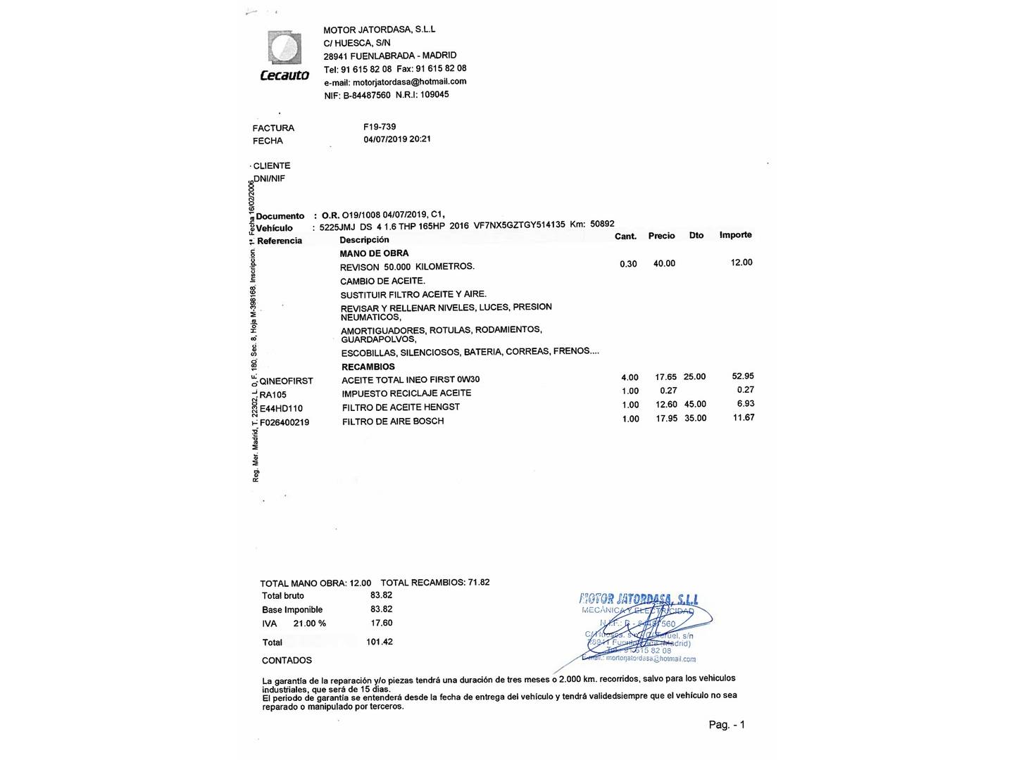 Foto del mantenimiento del DS DS 4 DS DS4 THP 165 S&S Style EAT6 (165 CV)