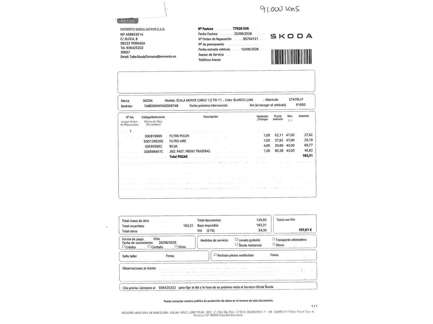 Foto del mantenimiento del Skoda Scala Skoda Scala 1.5 TSI Montecarlo (150 CV)