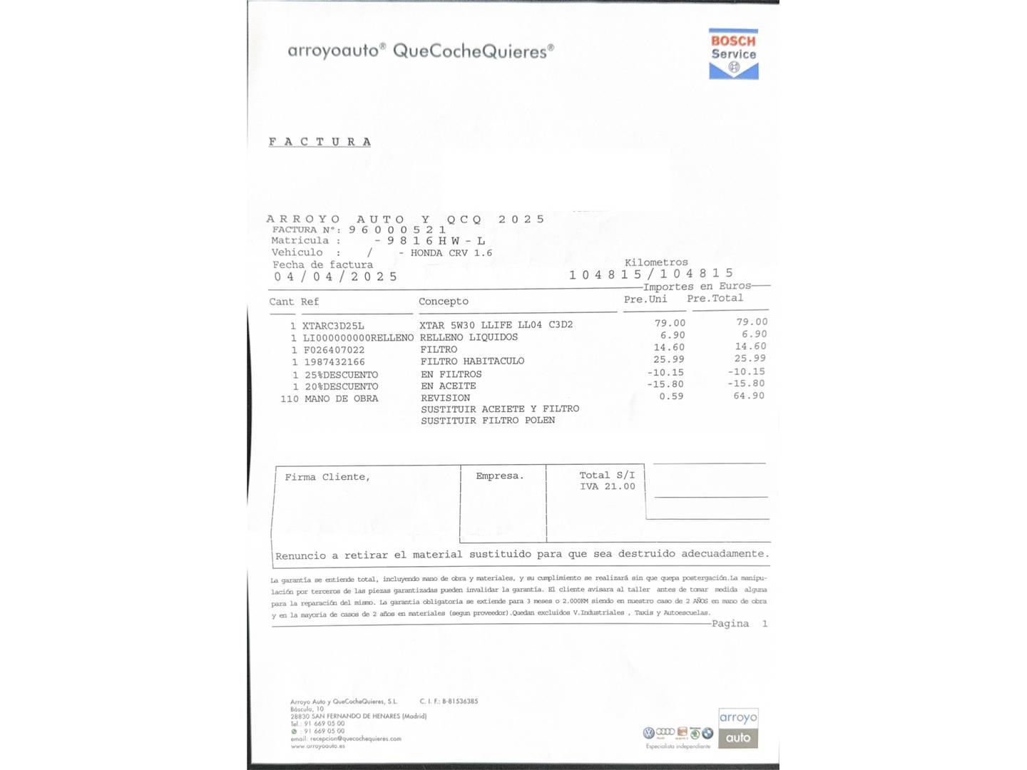 Foto del mantenimiento del Honda CR-V Honda CR-V 1.6 i-DTEC Elegance 4x2 (120 CV)