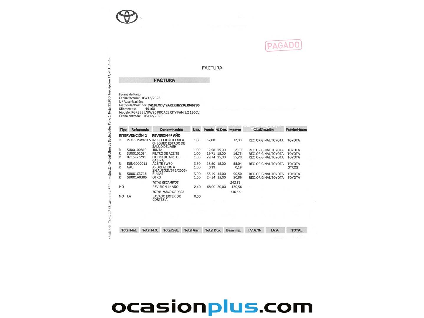 Foto del mantenimiento del Toyota Proace City Verso Toyota Proace City Verso 1.2 Family Advance Auto L1 5 Plazas (131 CV)