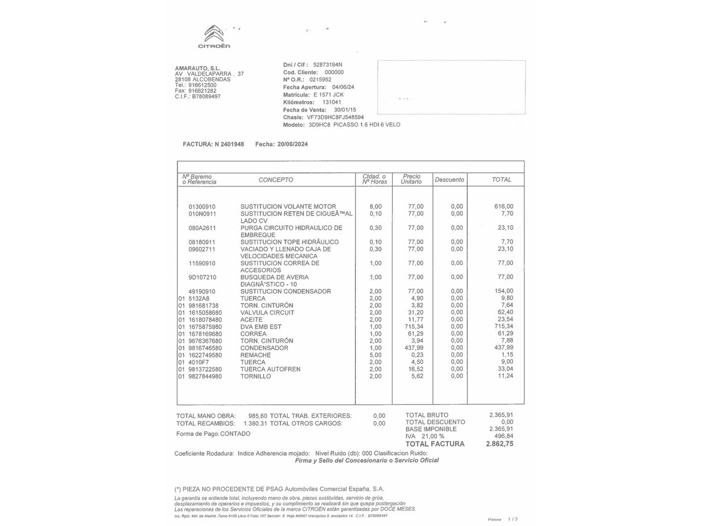 Foto del mantenimiento del Citroën C4 Picasso Citroën C4 Picasso 1.6 e-HDI Intensive (115 CV)