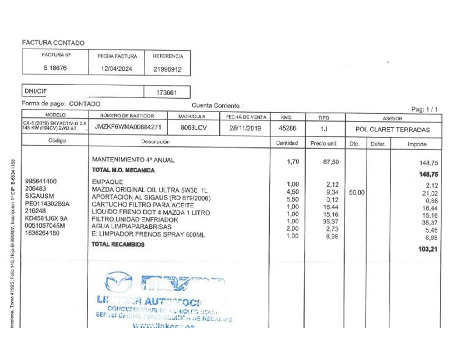 Foto del mantenimiento del Mazda CX-5 Mazda CX-5 2.5 G Zenith 2WD AT (194 CV)
