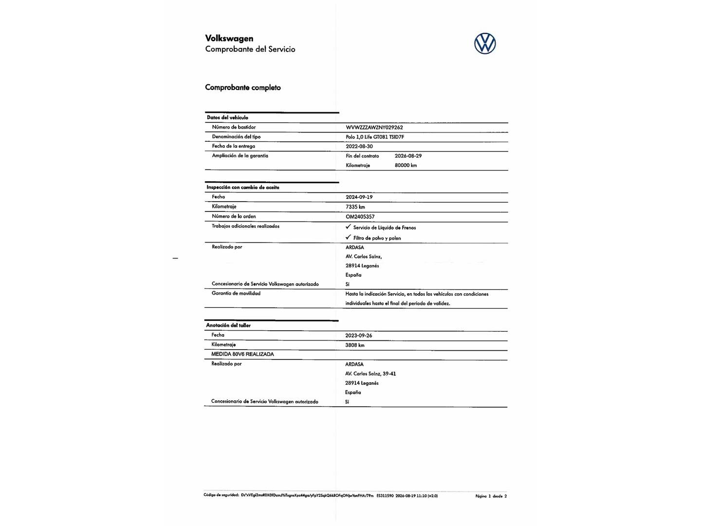 Foto del mantenimiento del Volkswagen Polo Volkswagen Polo Life 1.0 TSI (110 CV) DSG