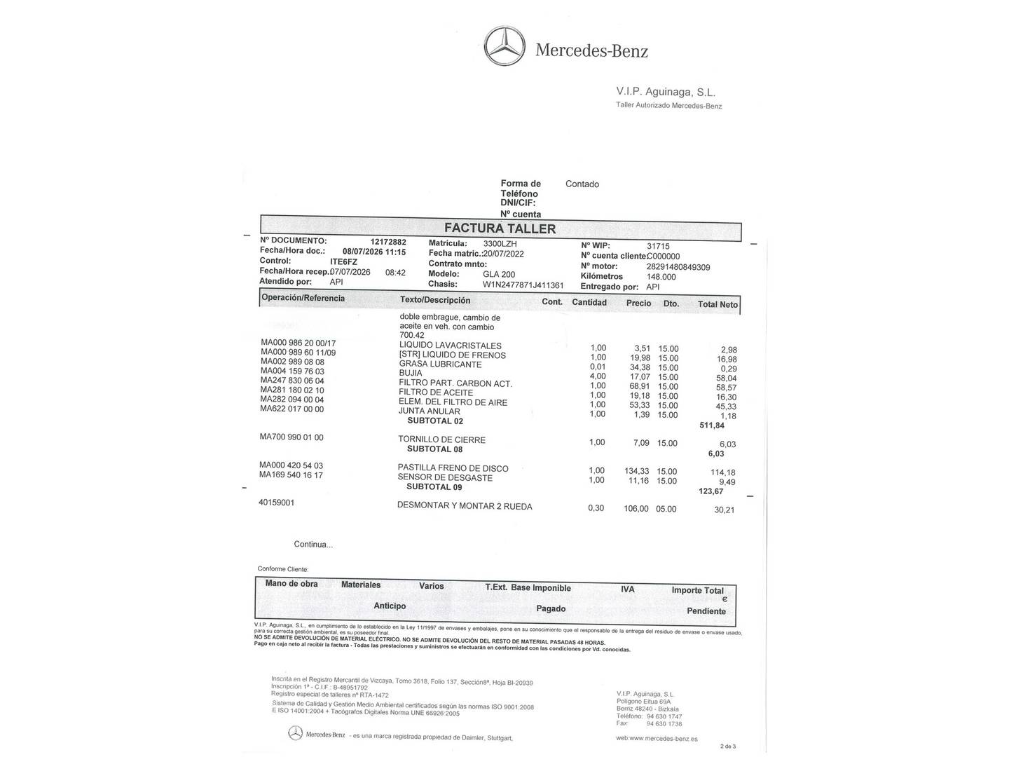 Foto del mantenimiento del Mercedes GLA Mercedes GLA 200 (163 CV) Pack AMG
