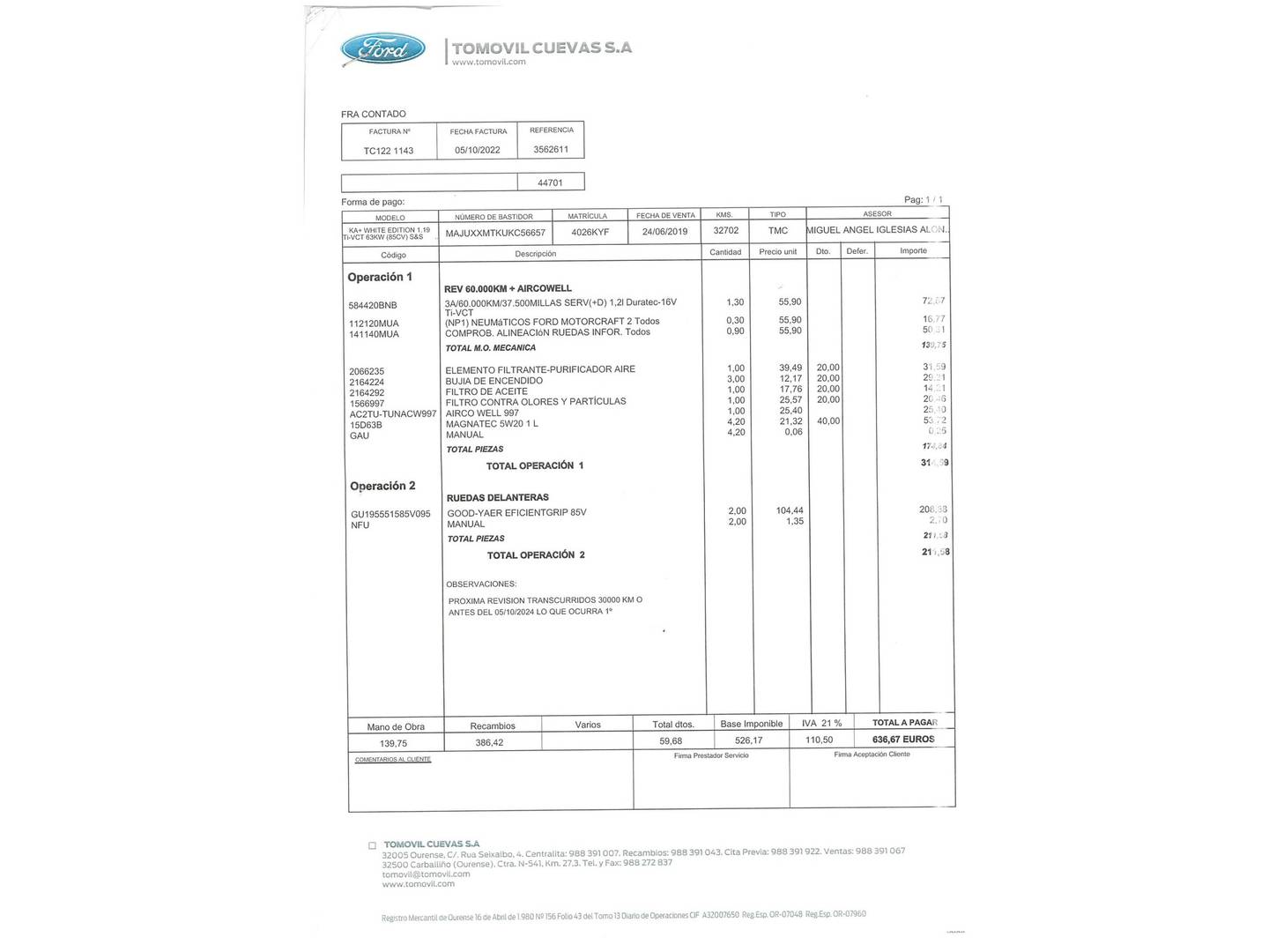 Foto del mantenimiento del Ford Ka+ Ford Ka+ 1.2 Ti-VCT White Edition 85 CV)