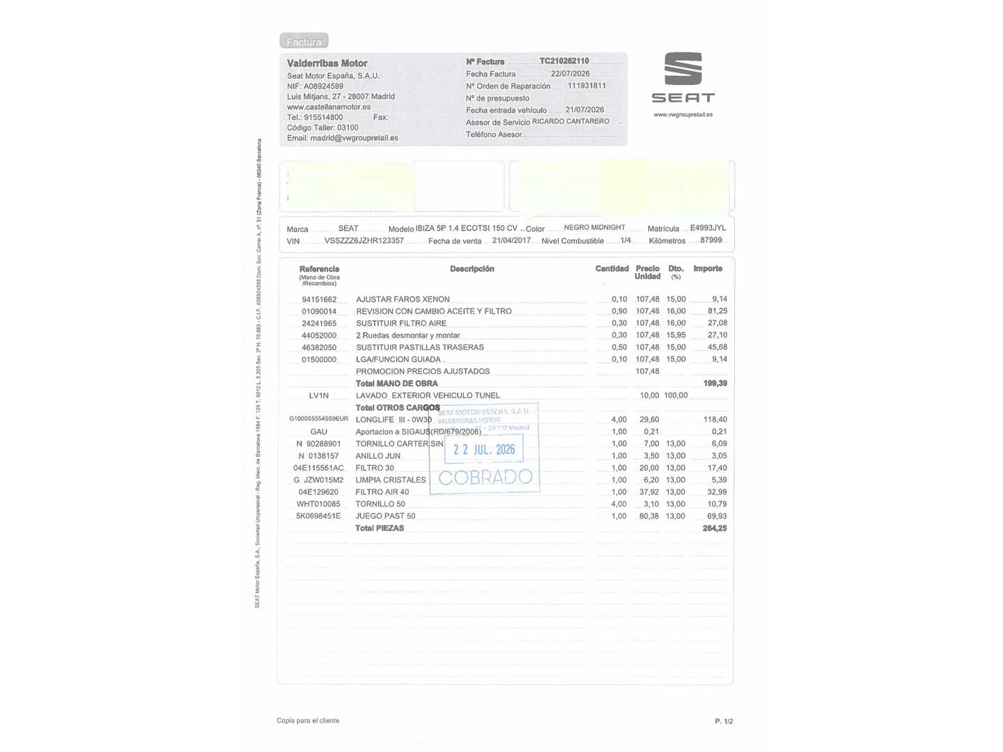 Foto del mantenimiento del Seat Ibiza Seat Ibiza 1.4 EcoTSI S&S FR (150 CV)