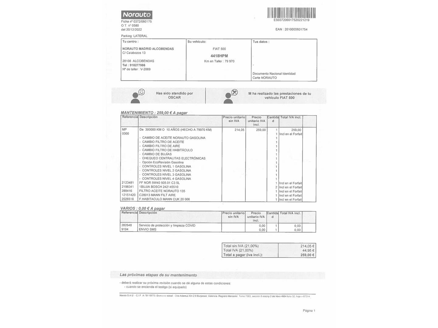 Foto del mantenimiento del Fiat 500 Fiat 500 0.9 Turbo TwinAir Lounge (85 CV)