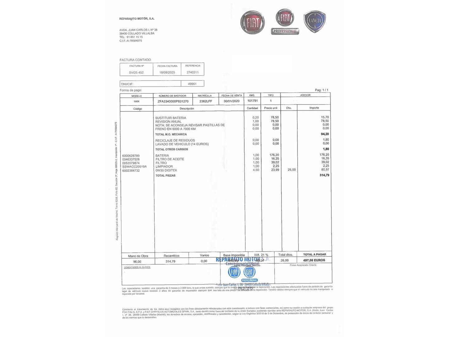 Foto del mantenimiento del Fiat 500X Fiat 500X 1.0 Firefly Sport (120 CV)