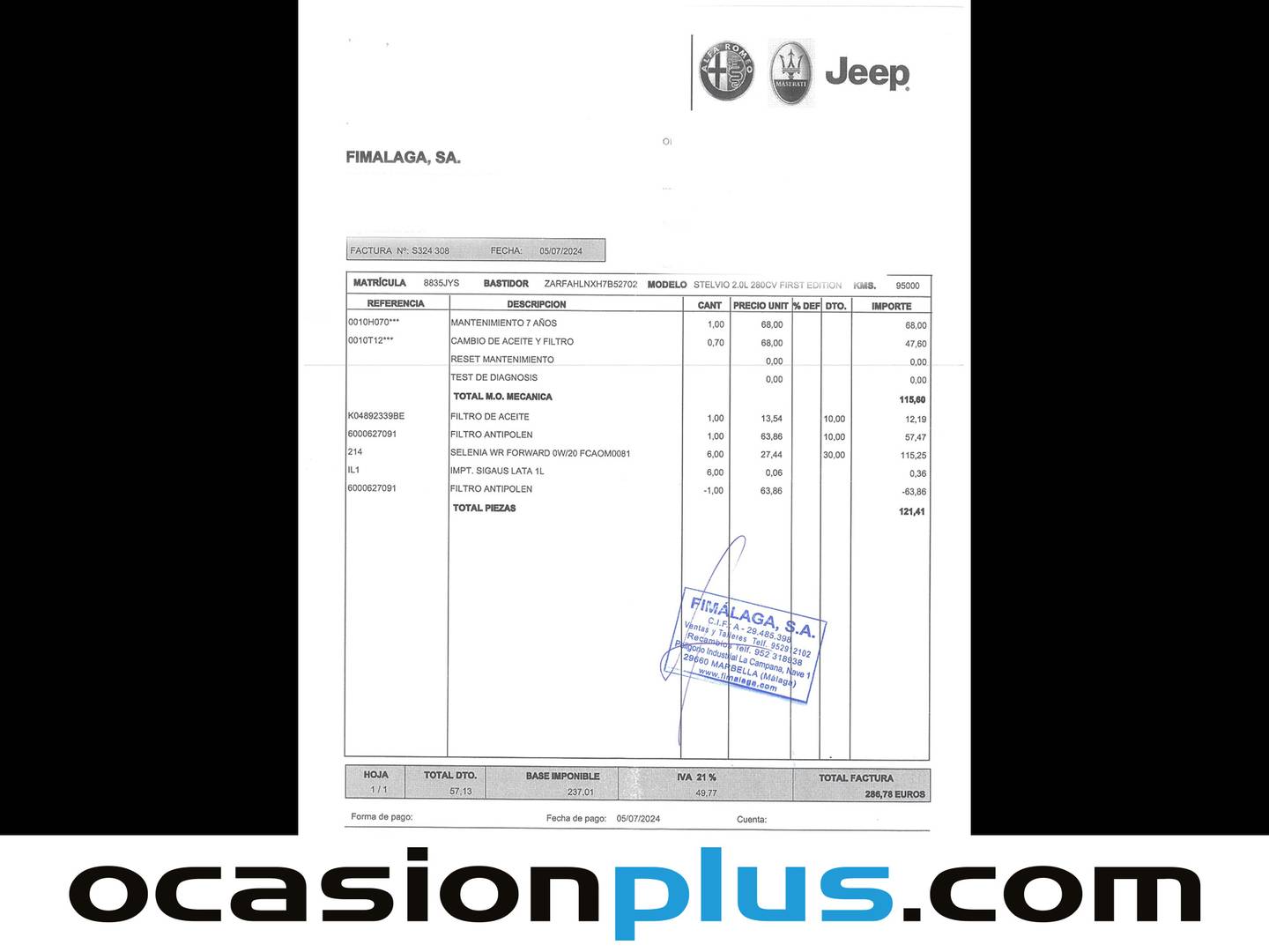 Foto del mantenimiento del Alfa Romeo Stelvio Alfa Romeo Stelvio 2.0 Petrol First Edition (I) Q4 (280 CV)