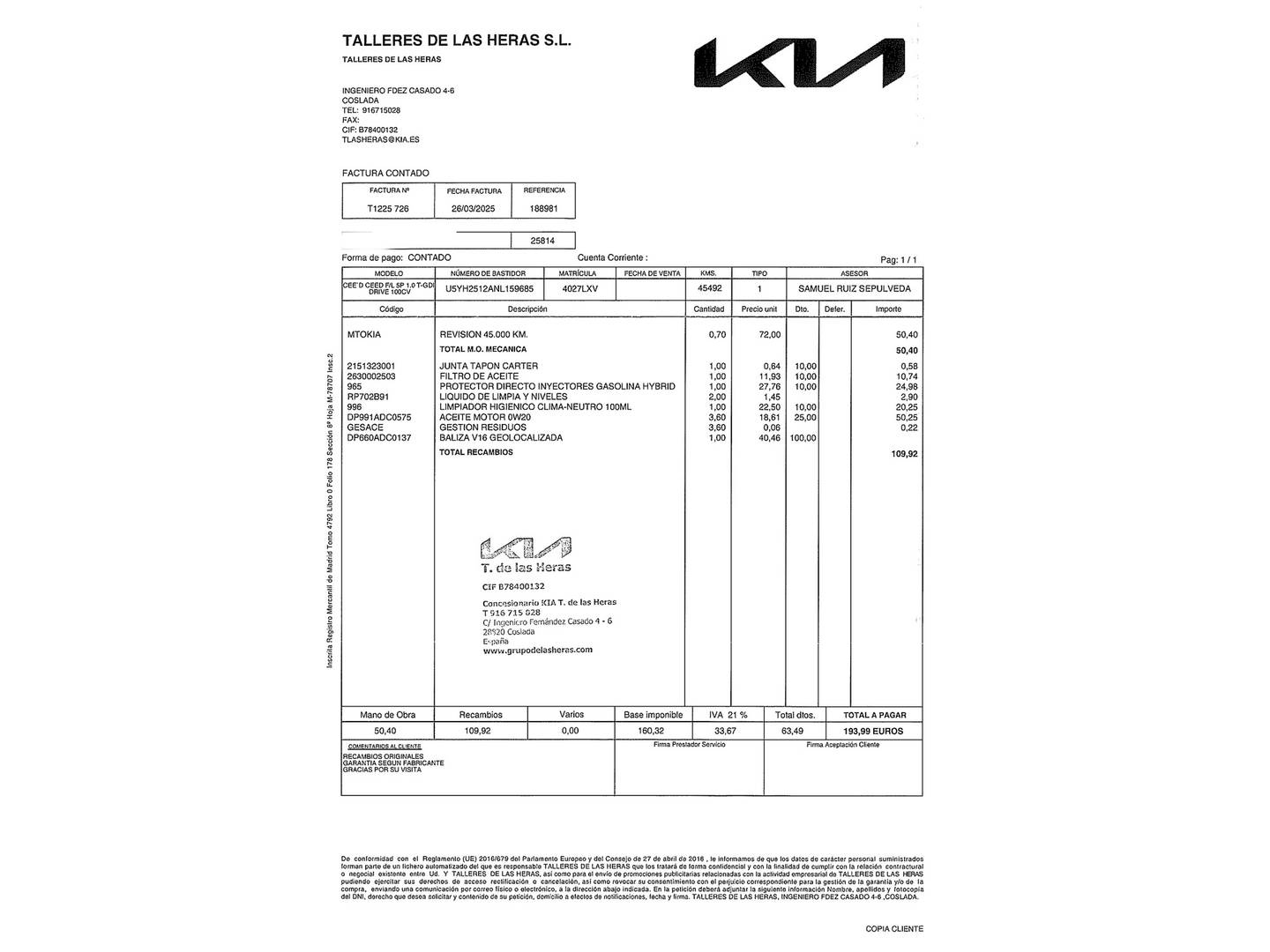 Foto del mantenimiento del KIA Ceed KIA Ceed 1.0 T-GDI Drive (100 CV)