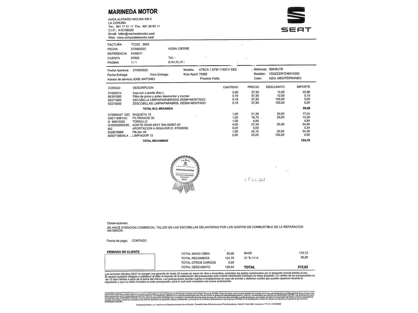 Foto del mantenimiento del Seat Ateca Seat Ateca 1.0 TSI S&S Ecomotive Style (115 CV)