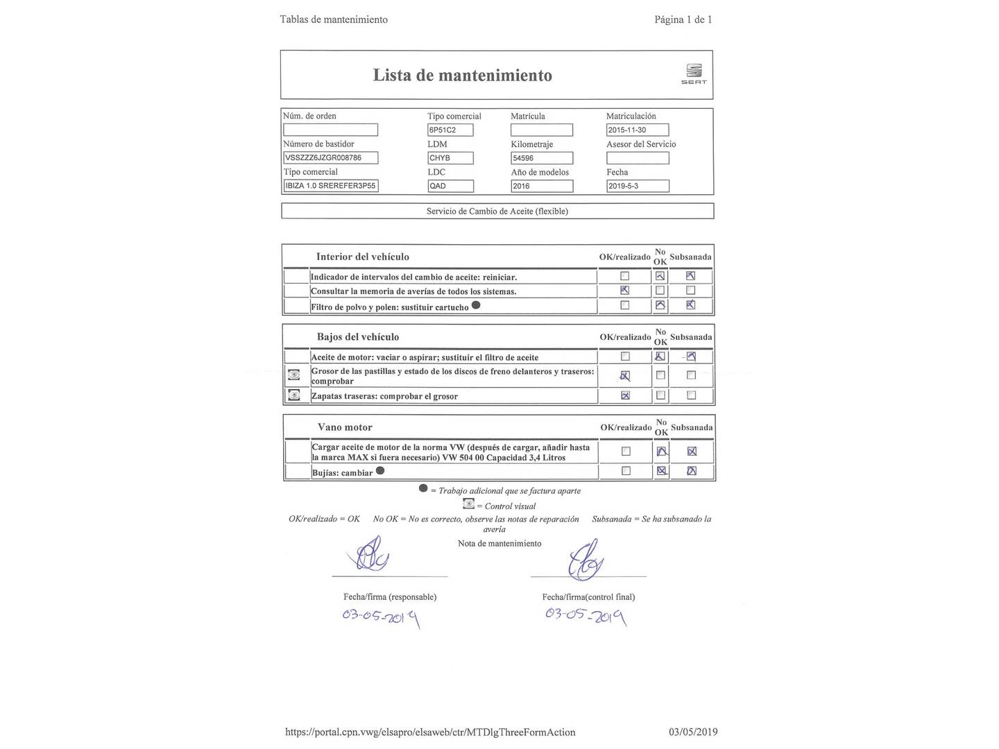 Foto del mantenimiento del Seat Ibiza Seat Ibiza 1.0 Reference (75 CV)