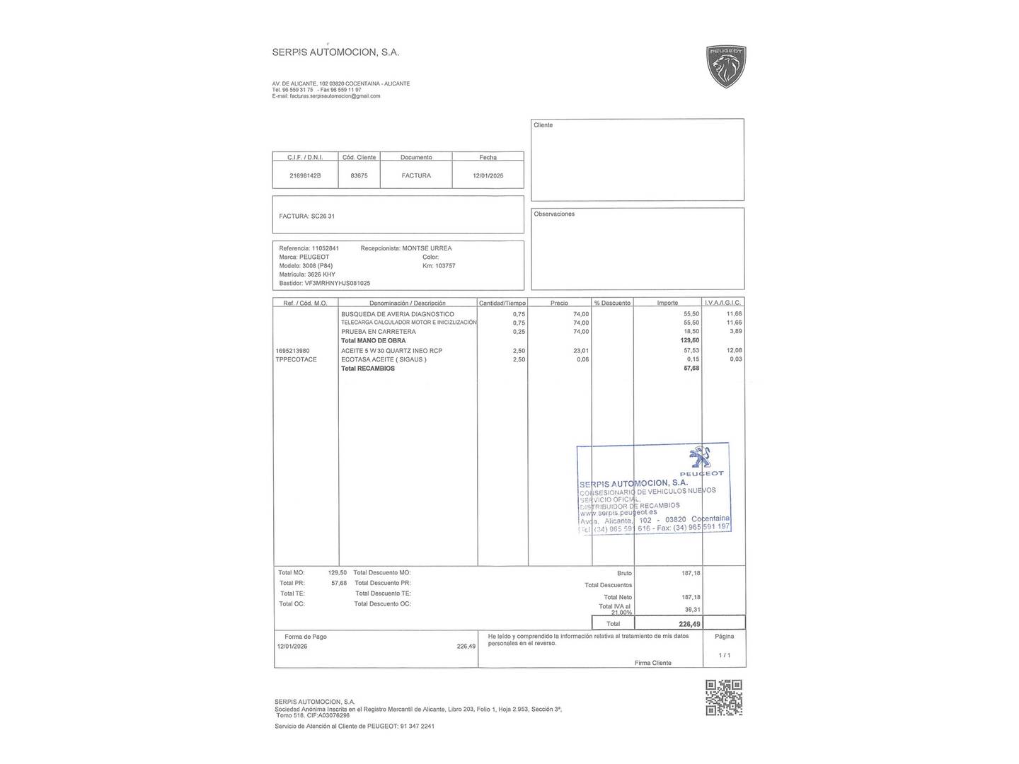 Foto del mantenimiento del Peugeot 3008 Peugeot 3008 PureTech 130 S&S Allure (130 CV)