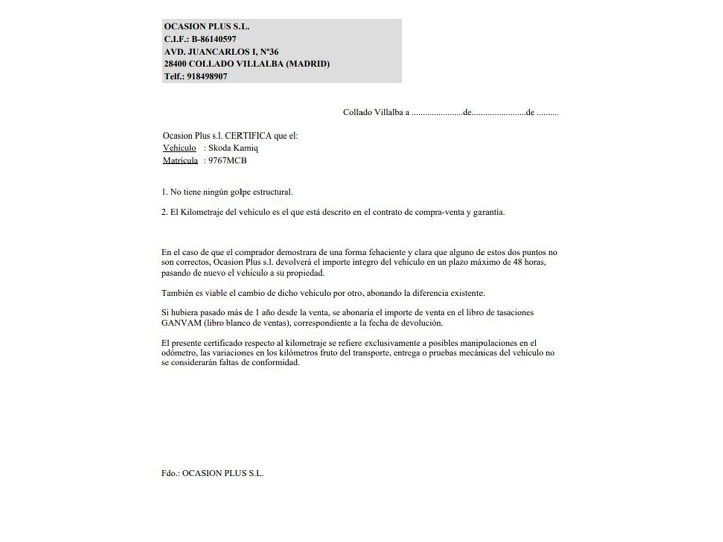 Foto del certificado del Skoda Kamiq Skoda Kamiq 1.5 TSI Sport DSG (150 CV)
