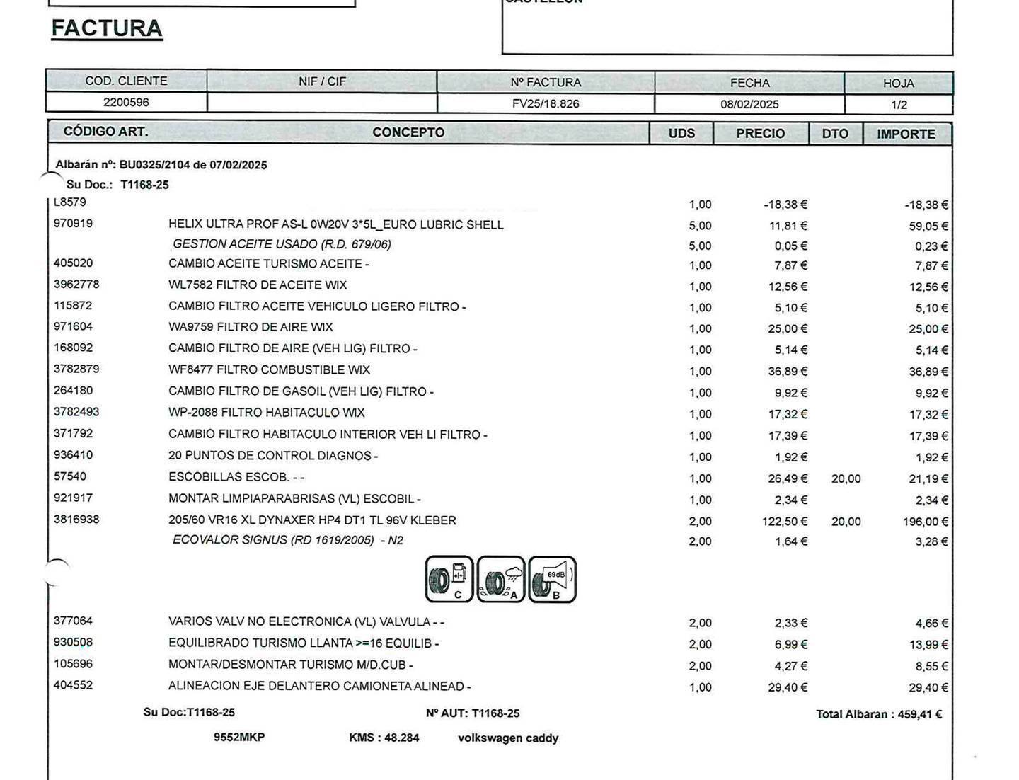 Foto del mantenimiento del Volkswagen Caddy Volkswagen Caddy Cargo 2.0 TDI (75 CV) 2 Plazas